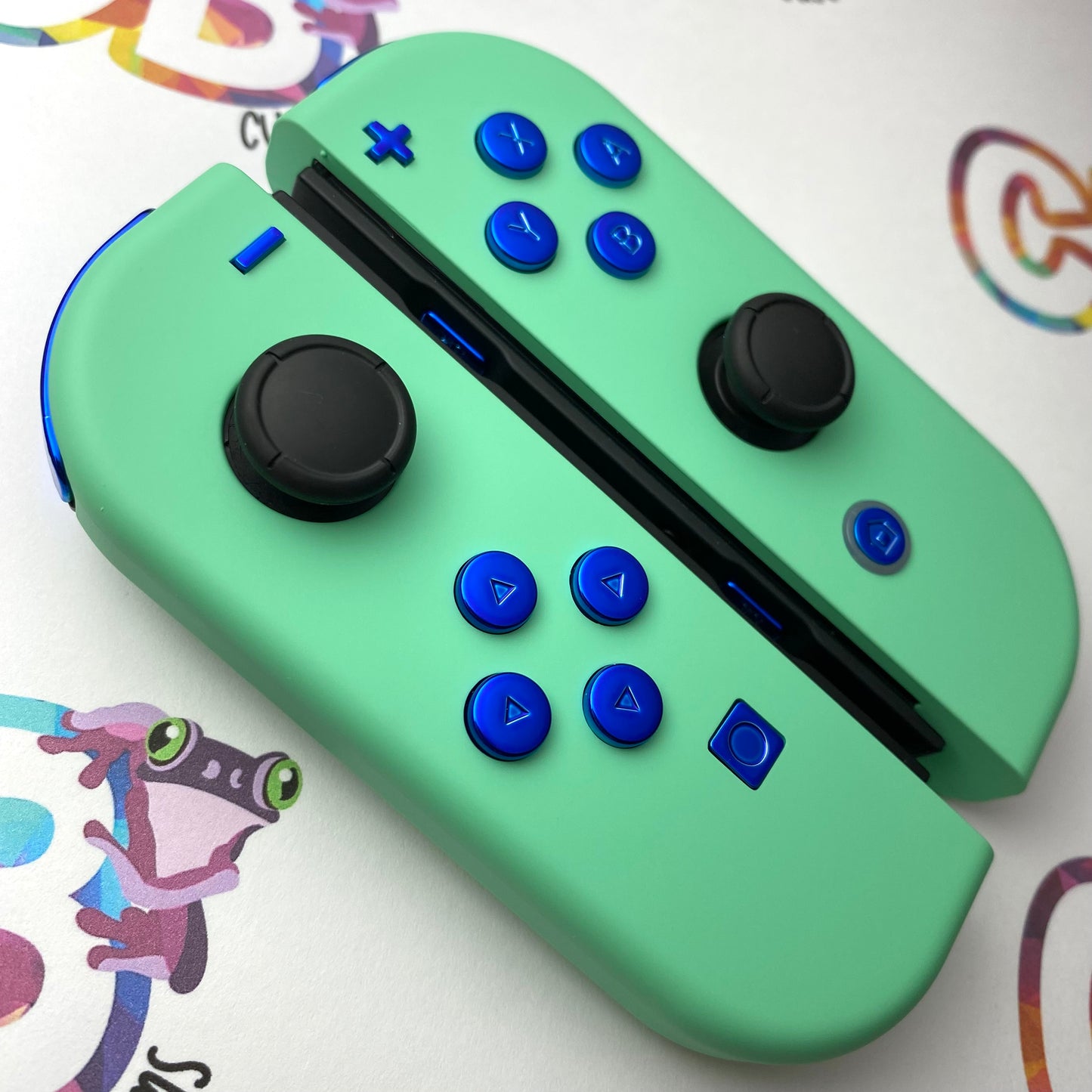 Mint Green & Chrome Blue Buttons Nintendo Switch Joycons - Custom Nintendo Switch Joycon Controllers