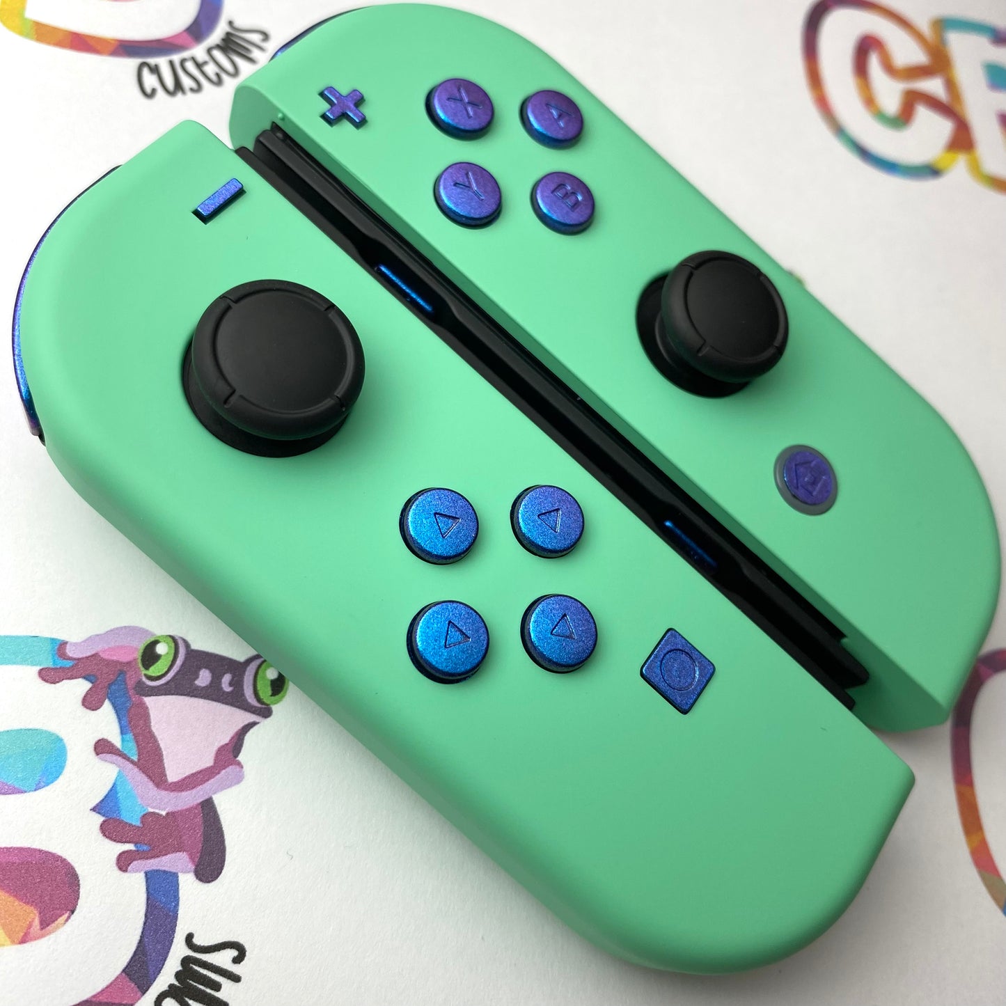 Mint Green & Chameleon Blue Buttons Nintendo Switch Joycons - Custom Nintendo Switch Joycon Controllers