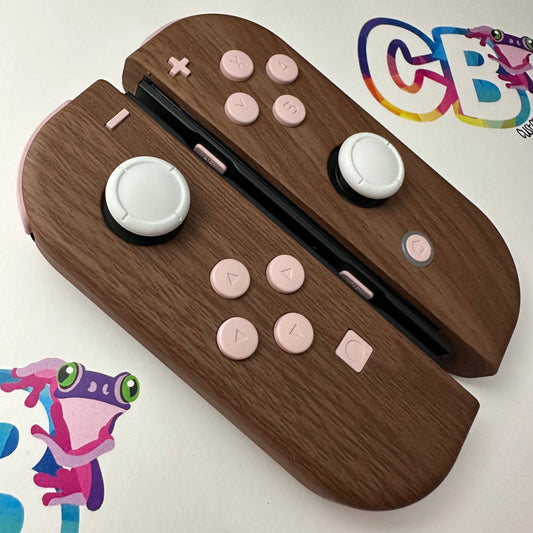 Wood Grain & Sakura Pink Buttons Nintendo Switch Joycons  - Custom Nintendo Switch Joycon Controllers