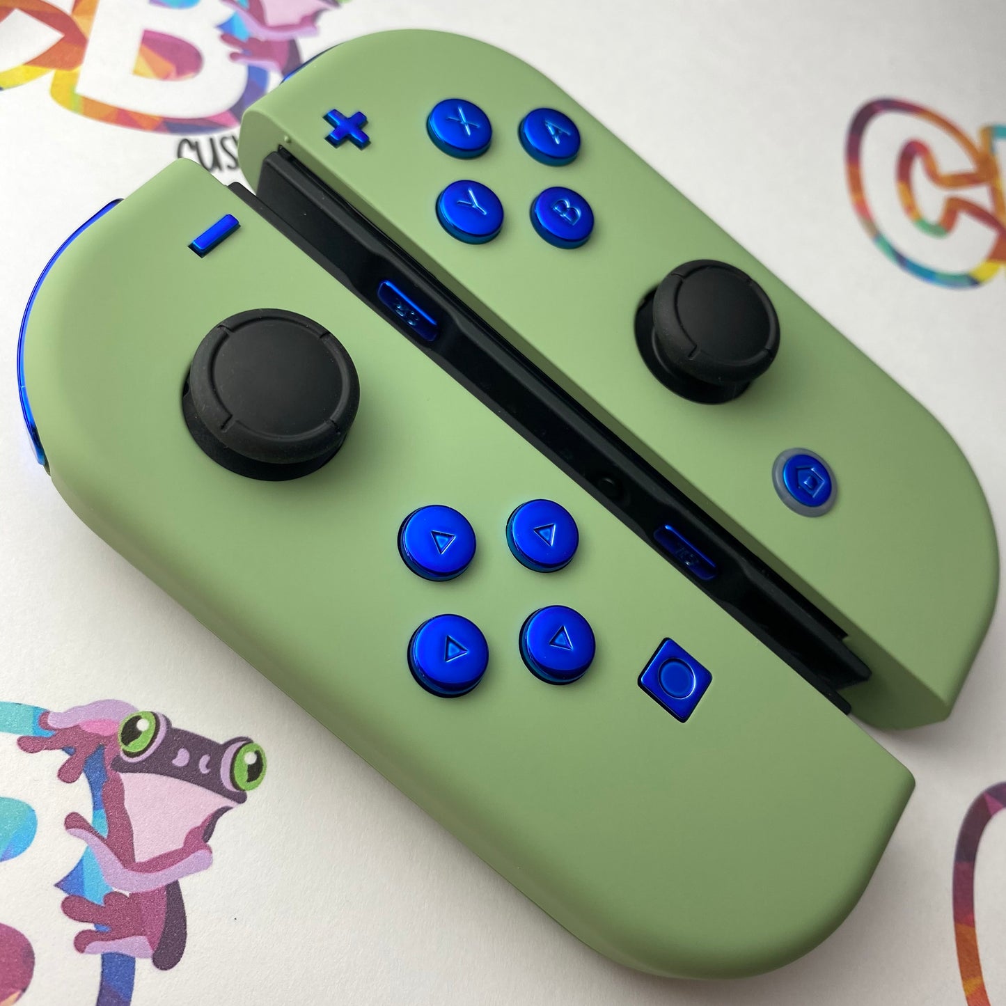 Matcha Green & Chrome Blue Buttons Nintendo Switch Joycons - Custom Nintendo Switch Joycon Controllers