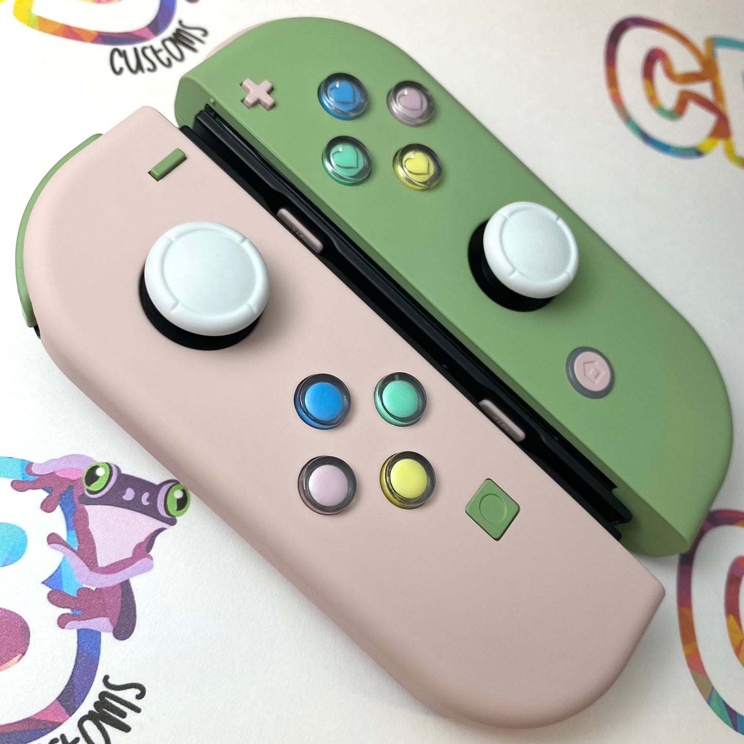 Matcha Green & Sakura Pink with opposite color Buttons & Candy Hearts Nintendo Switch Joycons - Custom Nintendo Switch Joycon Controllers