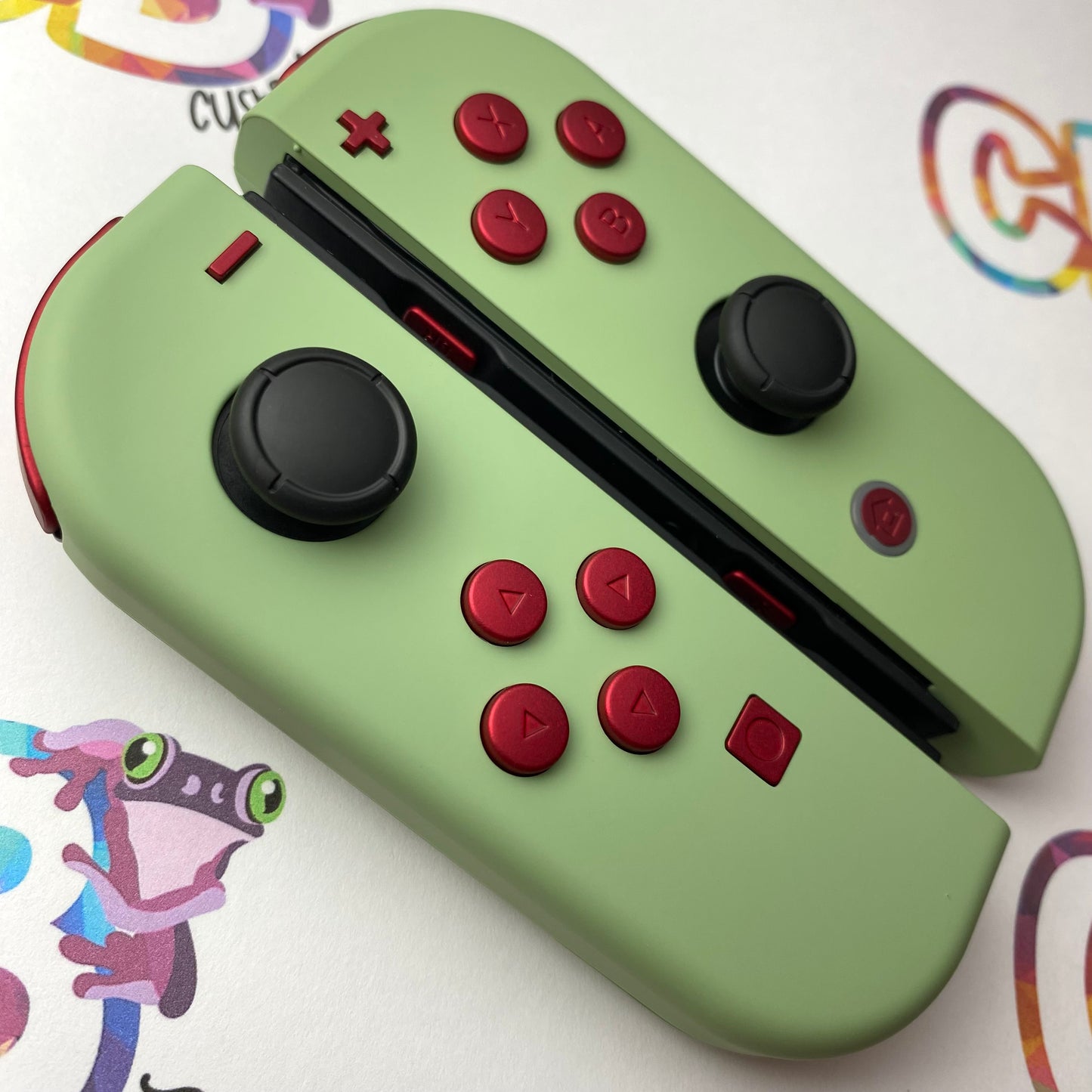 Matcha Green & Vampire Red Buttons Nintendo Switch Joycons - Custom Nintendo Switch Joycon Controllers