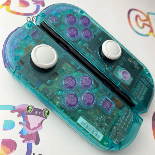 Clear Emerald Green & Clear Purple Buttons  Joy-Cons - Custom Nintendo Switch Joycon Controllers