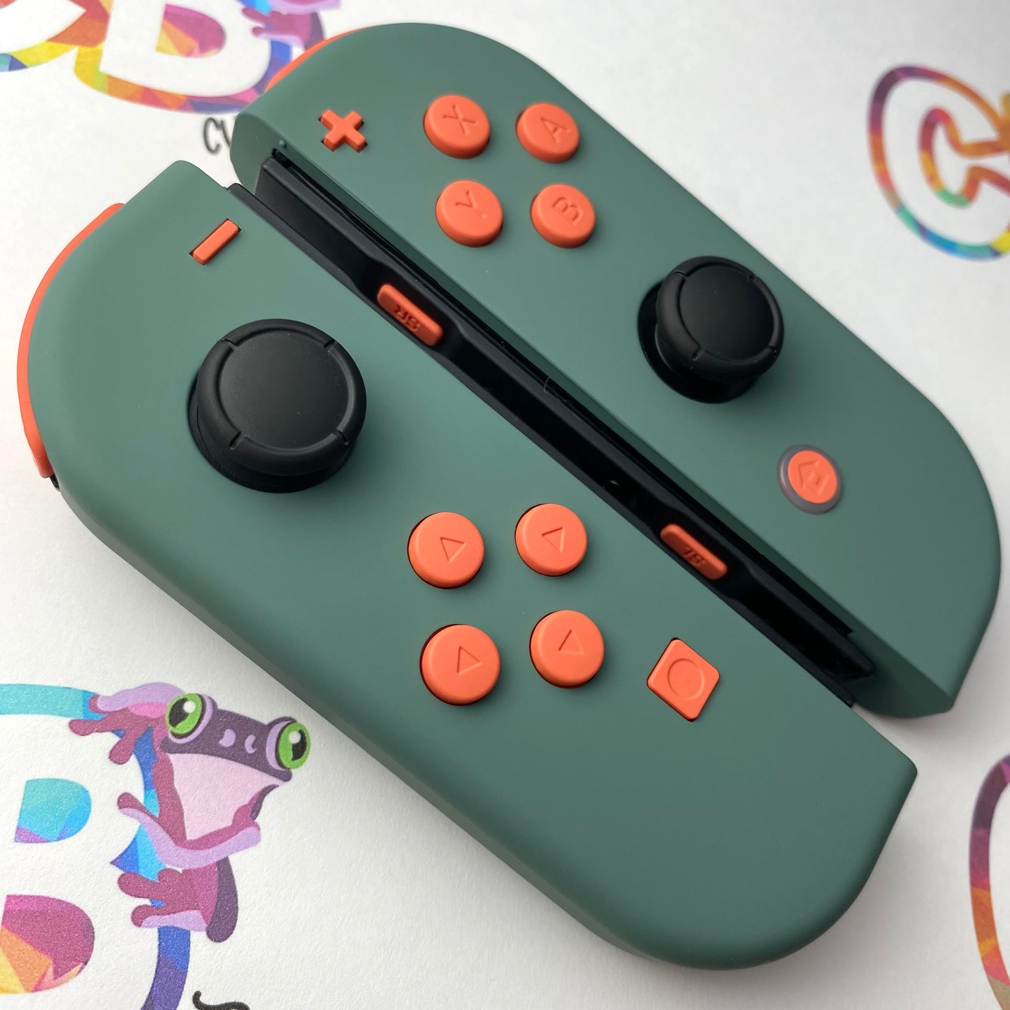 Pine Green & Coral Orange Buttons Nintendo Switch Joycons - Custom Nintendo Switch Joycon Controllers