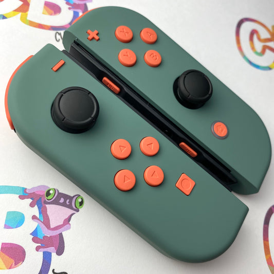 Pine Green & Coral Orange Buttons Nintendo Switch Joycons  - Custom Nintendo Switch Joycon Controllers
